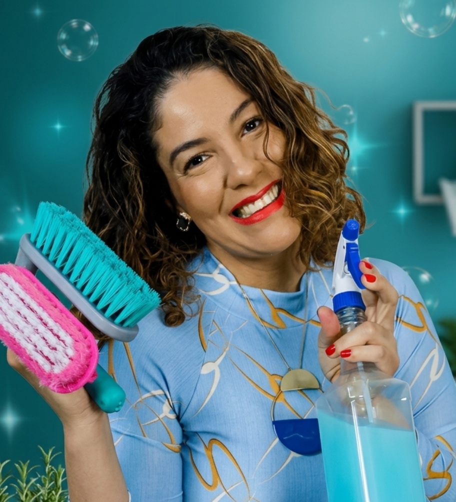 Tatiane Amaral segurando borrifador de limpeza
